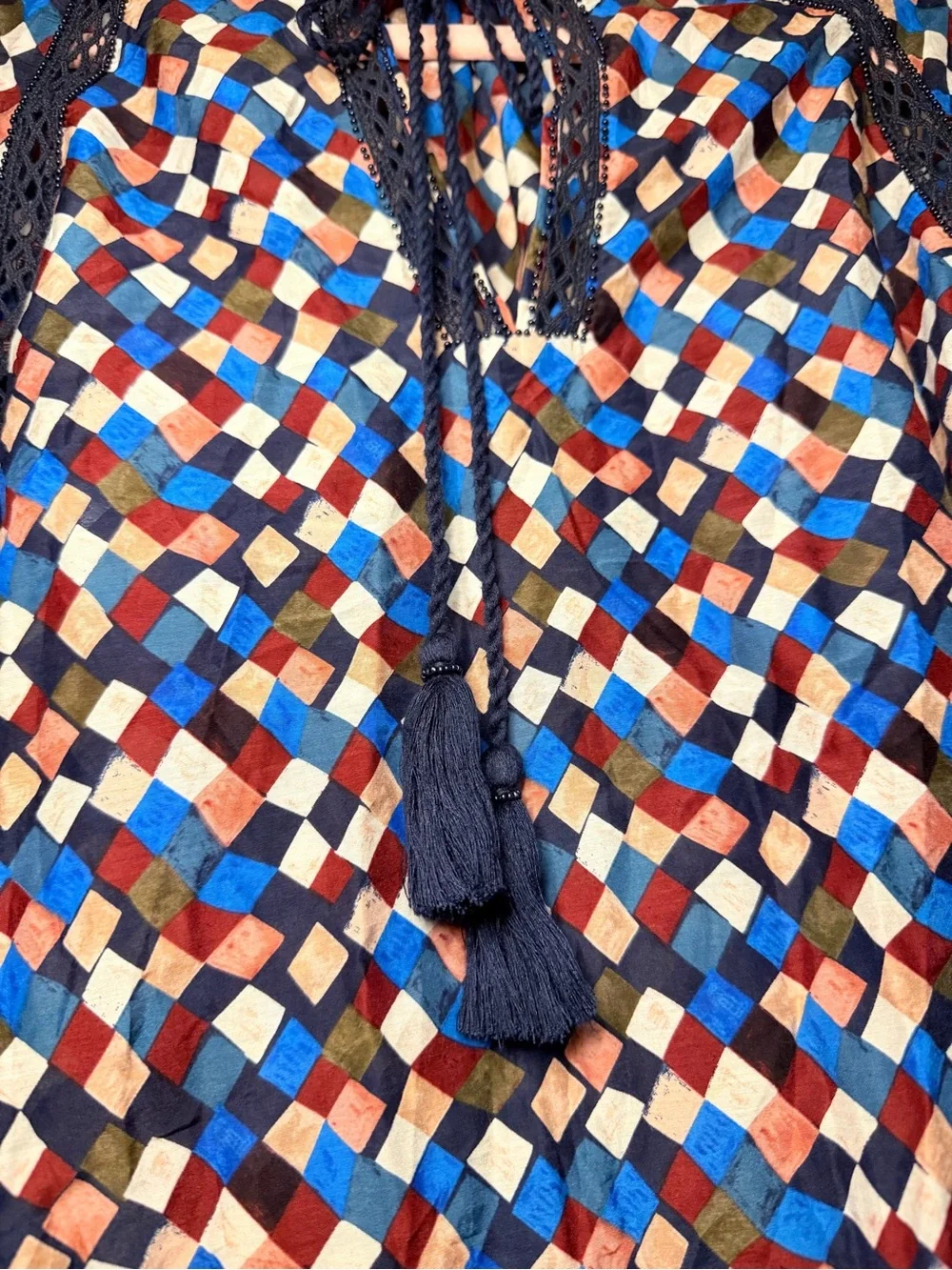 Tory Burch Navy Multi Geometric Tassel Peasant Top